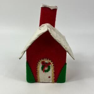 Vintage Felt Christmas House Handmade Décor Milk Carton Base Container Red Green